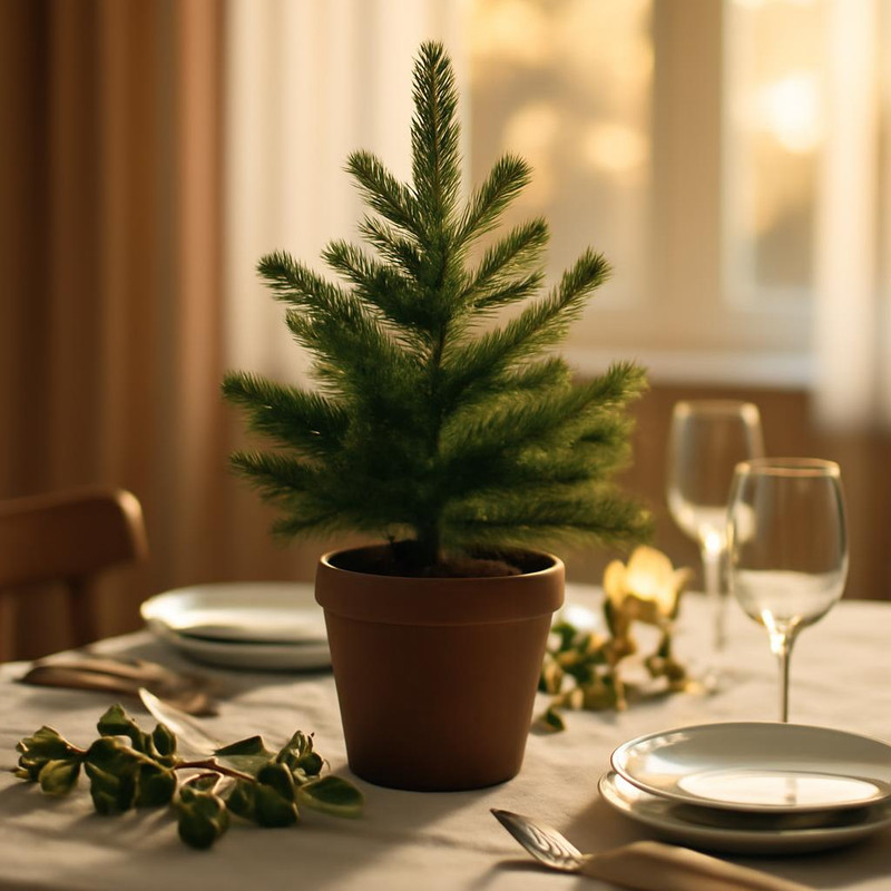 Живая ель в горшке на праздничном столе