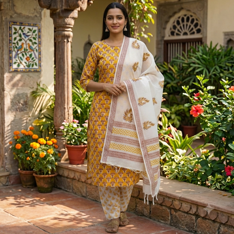 Qyaari by Penkraft Handblock Printed Cotton Dress Material - Unstitched Ethnic Fabric for Suits & Kurtis