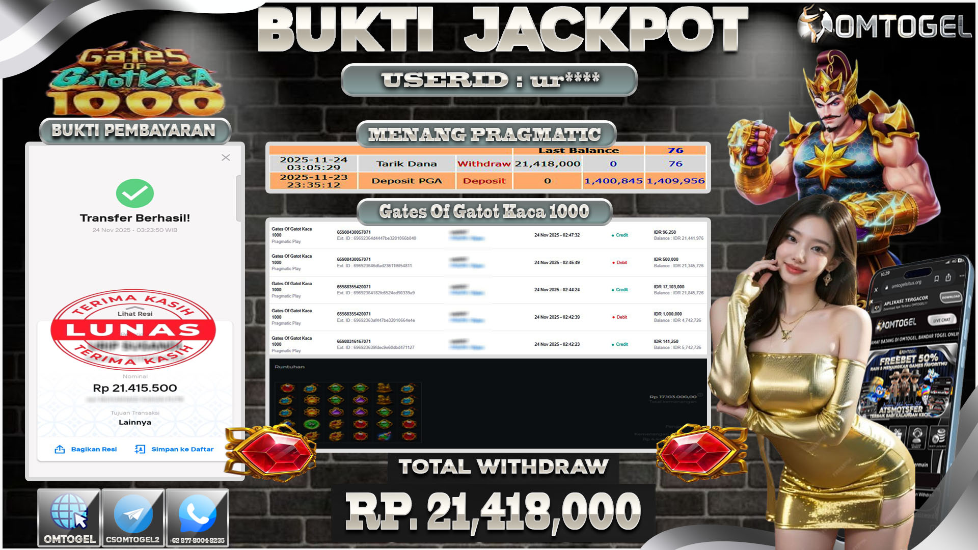 OMTOGEL JACKPOT PRAGMATIC PLAY GATES OF GATOT KACA 1000  ,21 JUTA DI BAYAR LUNAS ,-