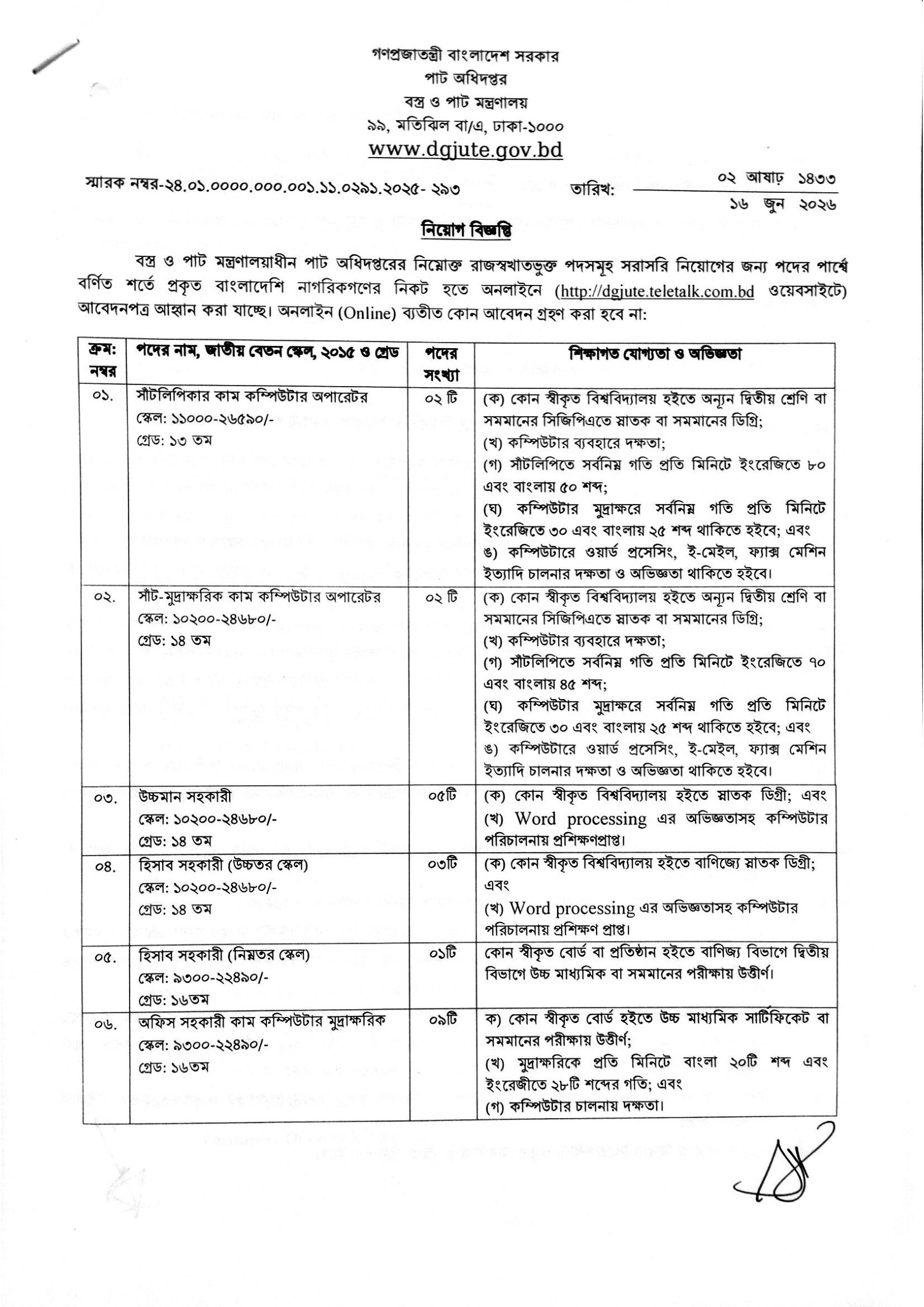 পাট অধিদপ্তর নিয়োগ বিজ্ঞপ্তি