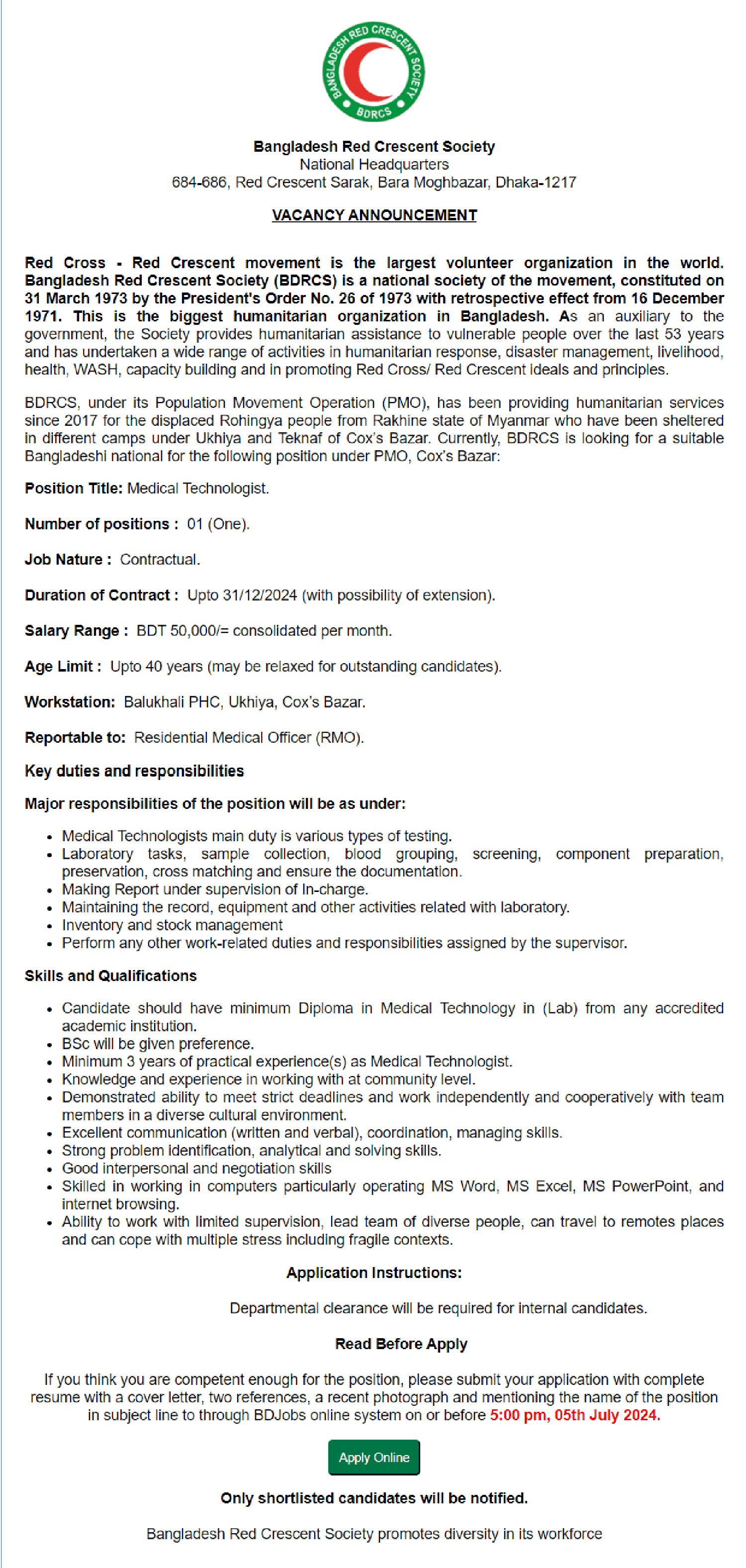 বাংলাদেশ রেড ক্রিসেন্ট সোসাইটি নিয়োগ ২০২৪