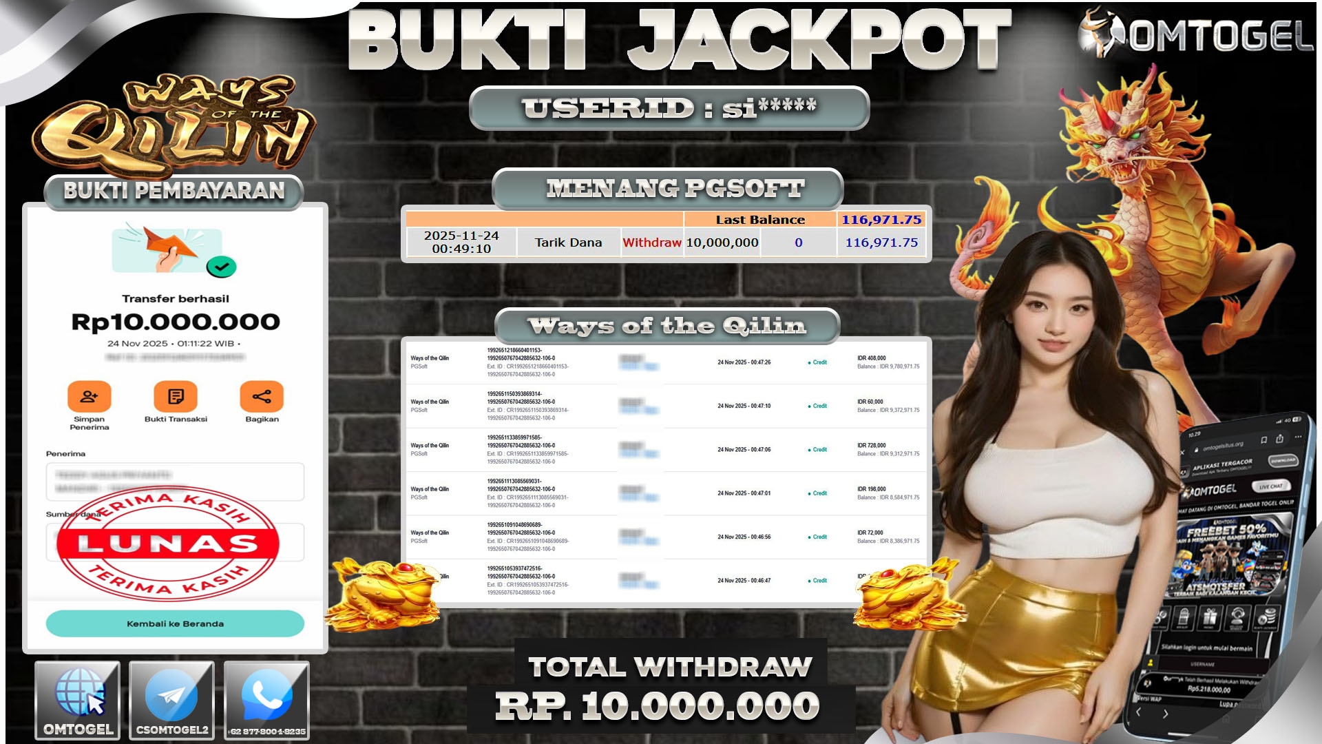 OMTOGEL JACKPOT PGSOFT WAYS OF THE QILIN  ,10 JUTA DI BAYAR LUNAS ,-