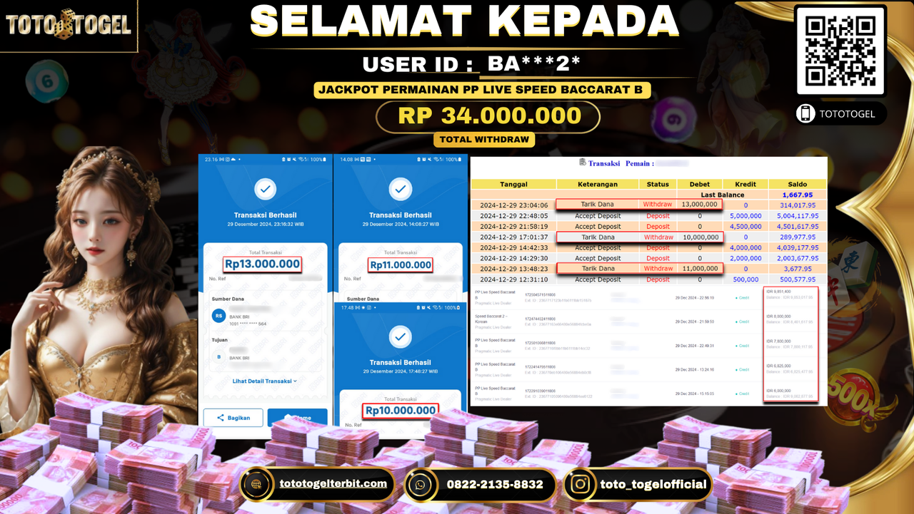 Bukti Pembayaran Jackpot  Permainan Pp Live Speed Baccarat B  : BA***2* LUNAS