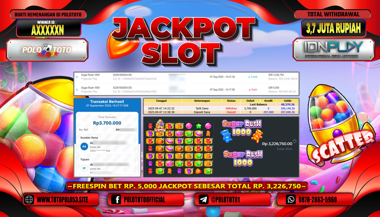POLOTOTO JACKPOT SLOT SUGAR RUSH 1000 Rp.3.700.000,- LUNAS