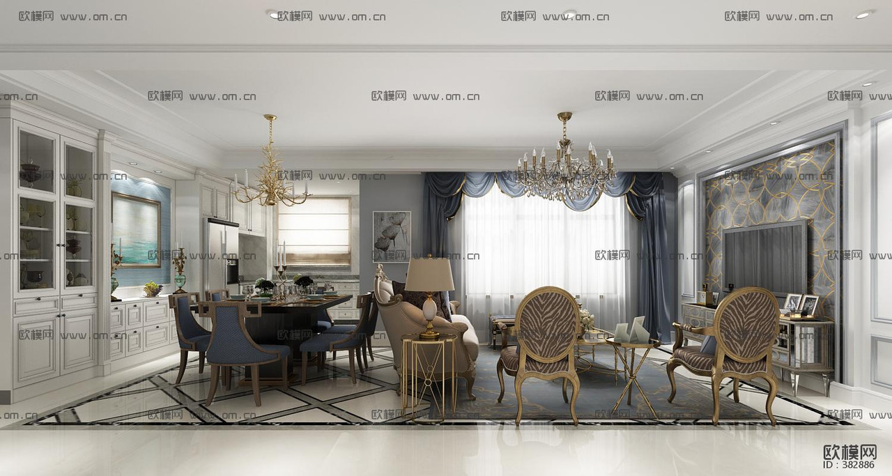 欧式客厅餐厅3D模型ID：382886-2
