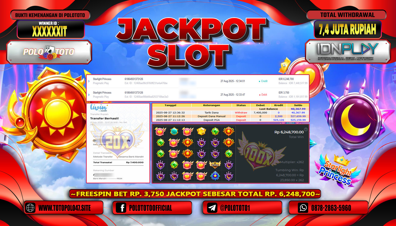 POLOTOTO JACKPOT SLOT STARLIGHT PRINCESS  Rp.7.400.000,- LUNAS