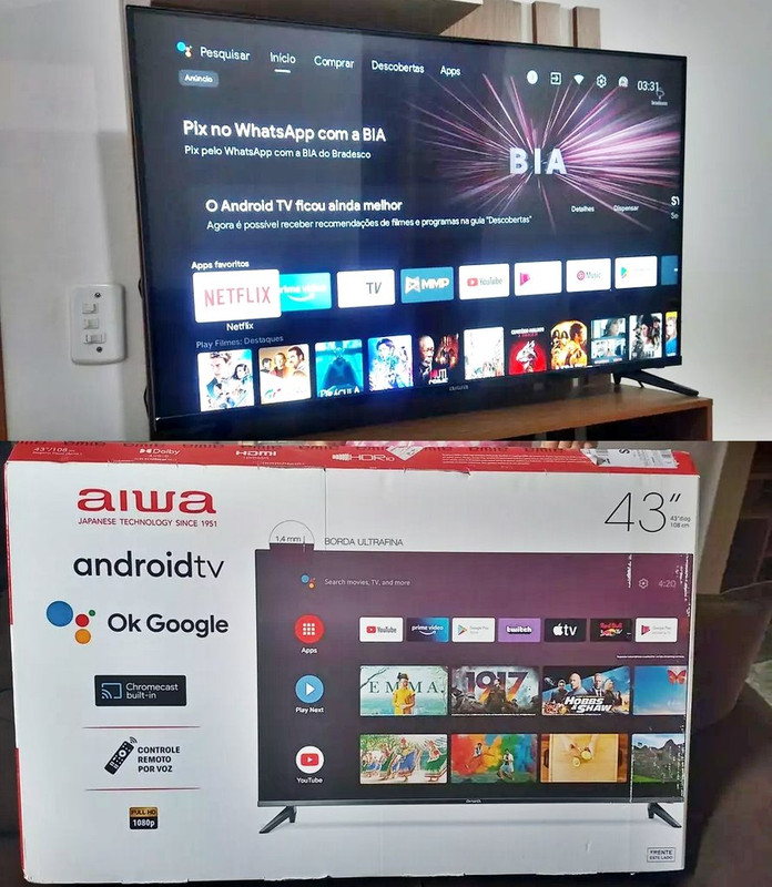 Smart TV D-LED 43″ AIWA Full HD Android Full HD Borda Ultrafina Preto AWS-TV-43-BL-02-A