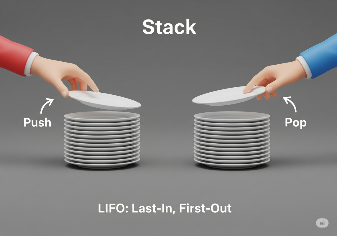 An illustration of plates being pushed and popped from a stack