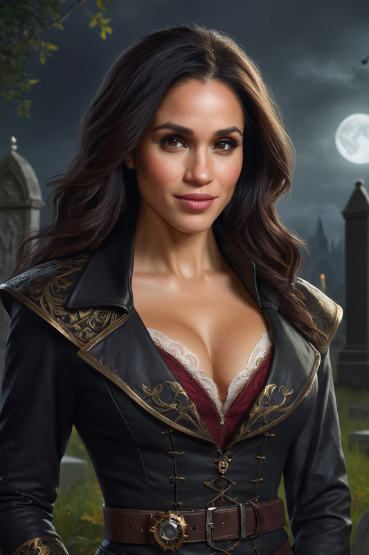 524186162 meghan markle steampunk vampire hunter in a graveyard at night 0003