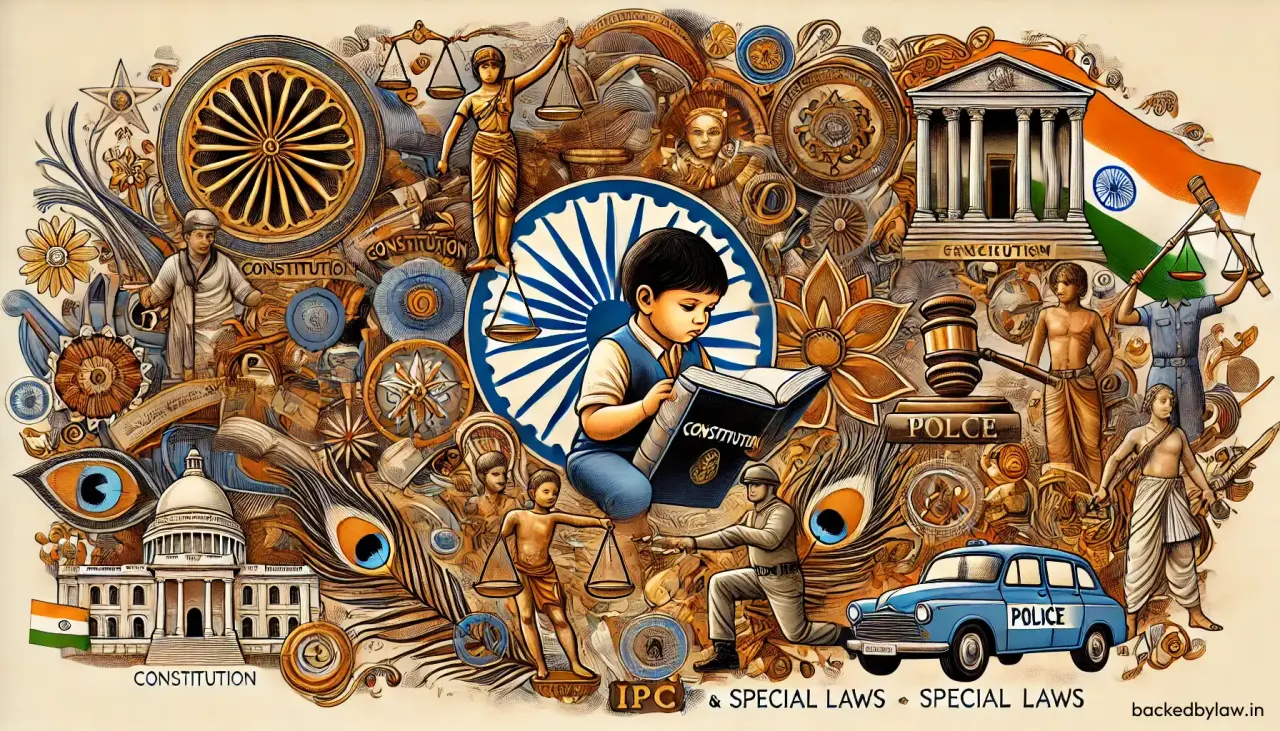 A detailed vector art illustration depicting the theme 'Child under the Constitution of India, IPC, and Special Laws,' featuring a child holding a book titled 'Constitution.' The artwork includes symbols of justice such as scales, a gavel, and a courthouse, alongside cultural elements like the Ashoka Chakra and peacock feathers. It highlights Indian laws, child protection, and education within a vibrant, warm-toned design