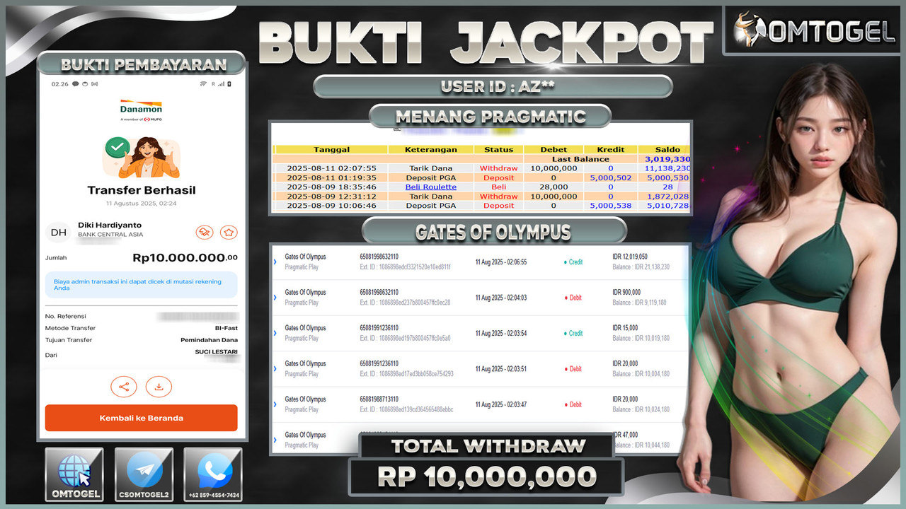 OMTOGEL JACKPOT PRAGMATIC PLAY GATES OF OLYMPUS 10 JUTA DI BAYAR LUNAS ,-