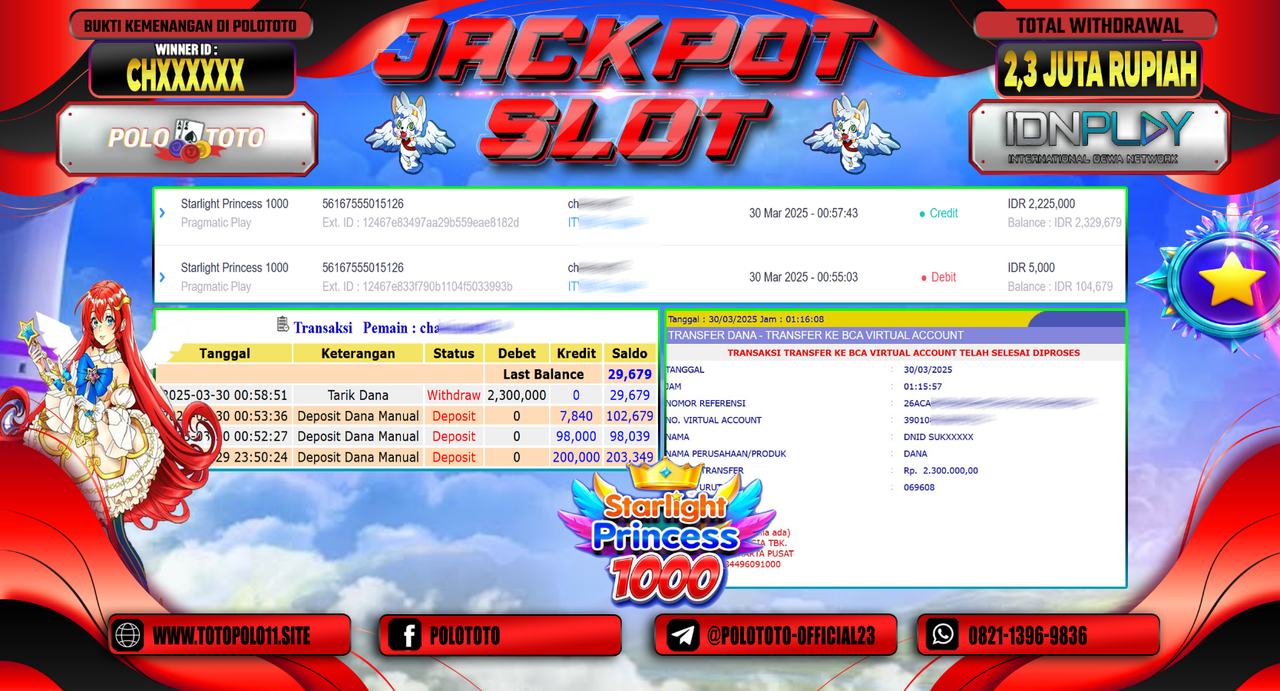 POLOTOTO JACKPOT SLOT STARLIGHT PRINCESS 1000  Rp.3.600.000,-