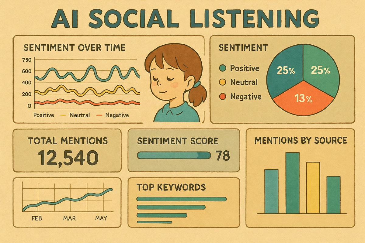 AI social listening dashboard showing sentiment analysis and sentiment trends over time