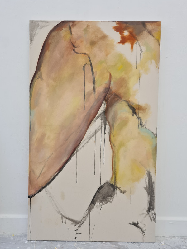 nude oil body on canvas upside down, face out of frame