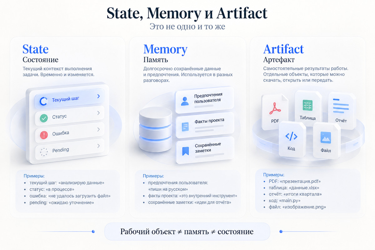 Сравнение State, Memory и Artifact в ИИ-агенте: состояние задачи, постоянная память и рабочие файлы