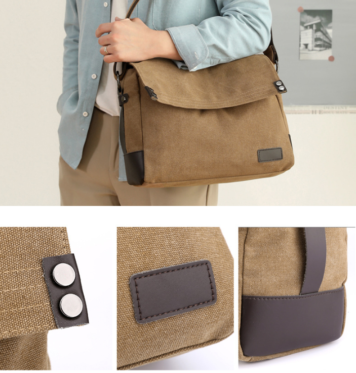 Khaki Men's Large Capacity Canvas Messenger Bag Lightweight Multi-Pocket Crossbody Shoulder Bag for Work Casual Travel iPad Compatible