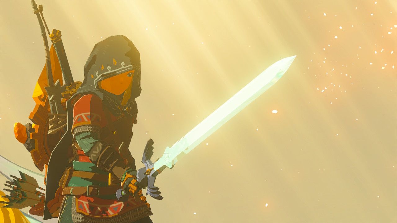 Link holding the Master Sword in The Legend of Zelda: Tears of the Kingdom.