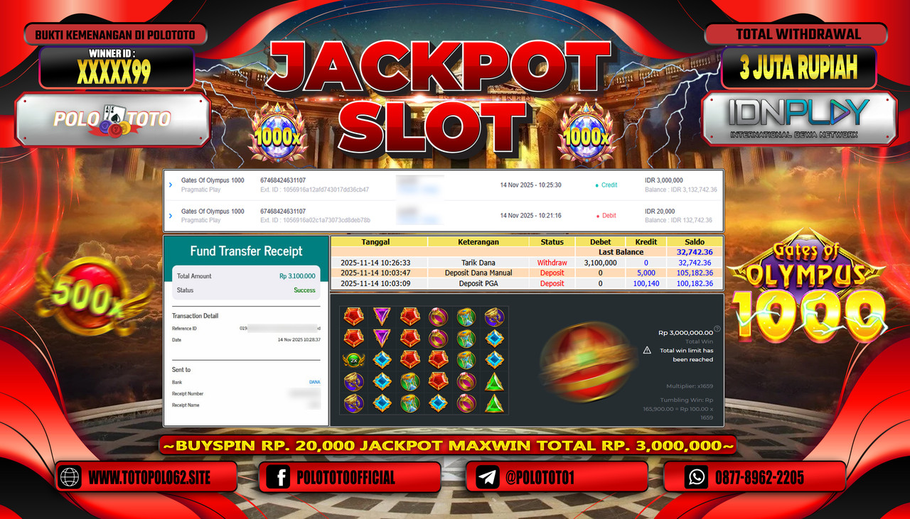 POLOTOTO JACKPOT SLOT GATES OF OLYMPUS 1000 Rp.3.000.000,- LUNAS