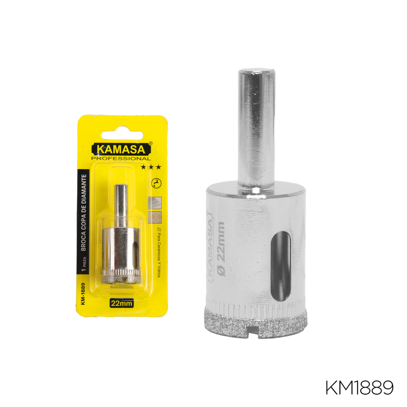 BROCA COPA DE DIAMANTE PARA CERAMICOS Y VIDRIOS 22MM KAMASA