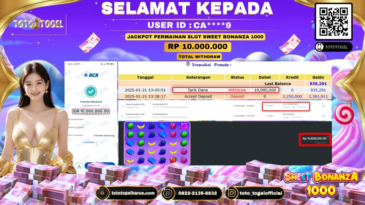 Bukti Pembayaran Jackpot  Permainan Slot Sweet Bonanza 1000  ID:CA****9  LUNAS