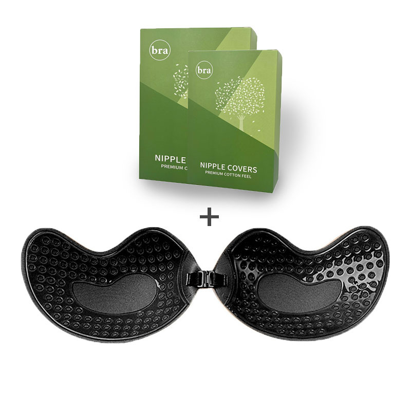 3-PCS Black color Invisible Silicone Push-Up Bra - Reusable Adhesive Mango Breast Pasties with Breathable Design - Strapless Backless Self-Adhesive Nipple Covers for Women(Cup D)