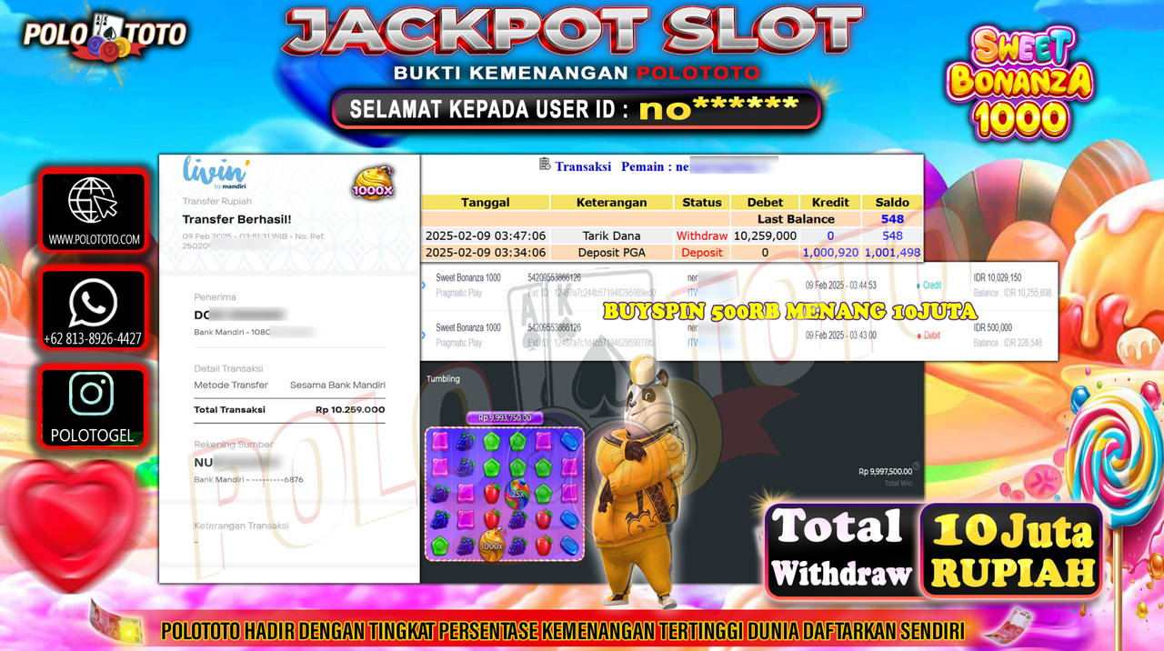 POLOTOTO JACKPOT SLOT SWEET BONANZA 1000 Rp.10,259.000,-