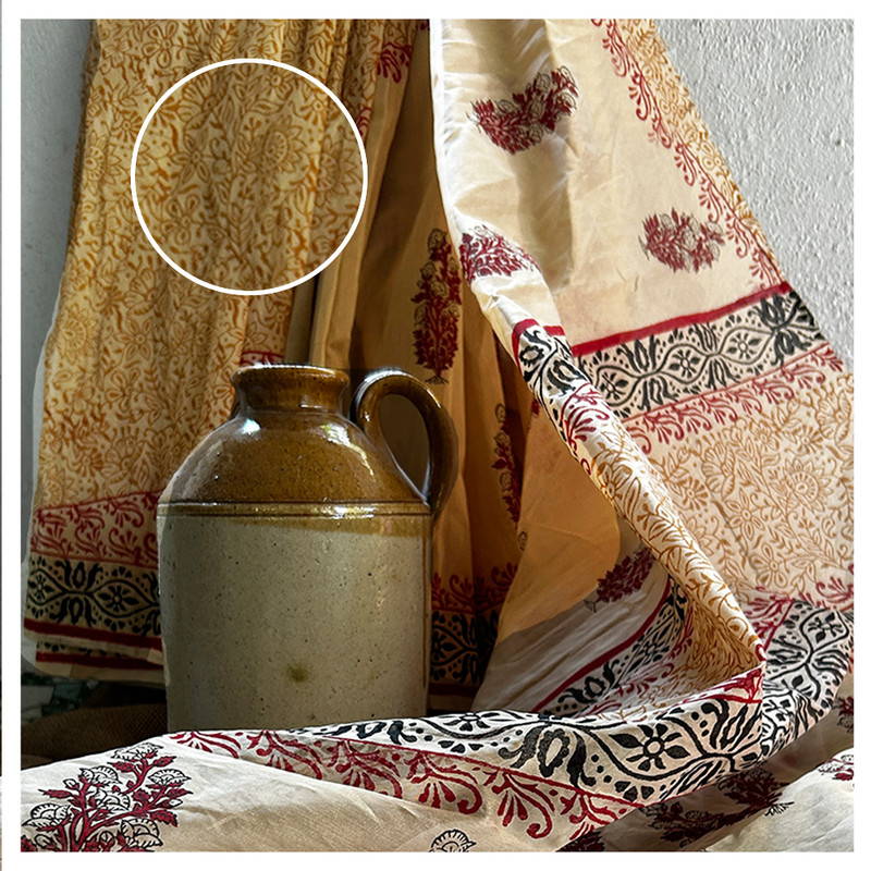 Hand Block Printed Biege Saree with Black, Brown and Red design