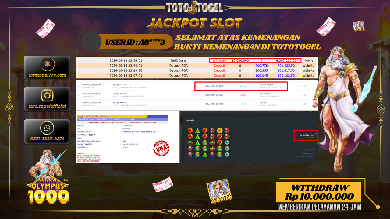 Bukti Kemenangan Permainan Slot Gates Of Olympus 1000  Dengan ID : AB****3 Terbayar Lunas!!