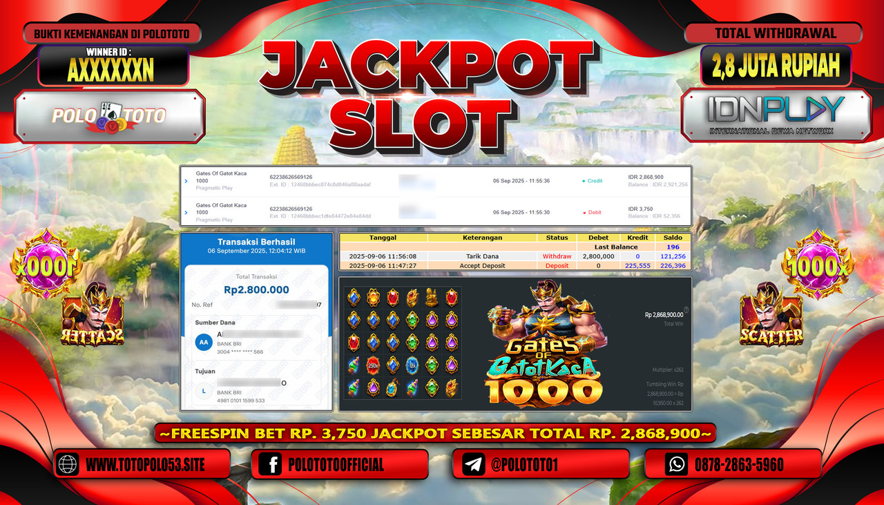 POLOTOTO JACKPOT SLOT GATES OF GATOT KACA 1000 Rp.2.800.000,- LUNAS