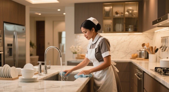 Filipina housemaid Washing Dishes