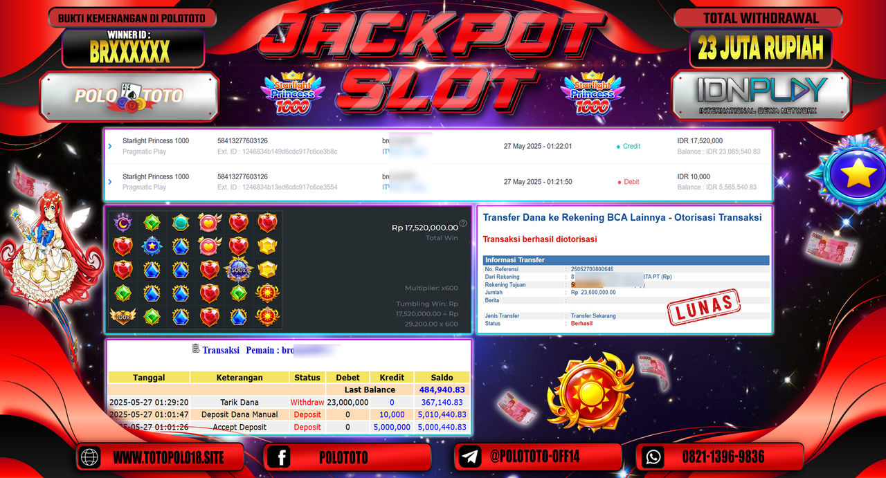 POLOTOTO JACKPOT SLOT STARLIGHT PRINCESS 1000 Rp.23.000.000,-