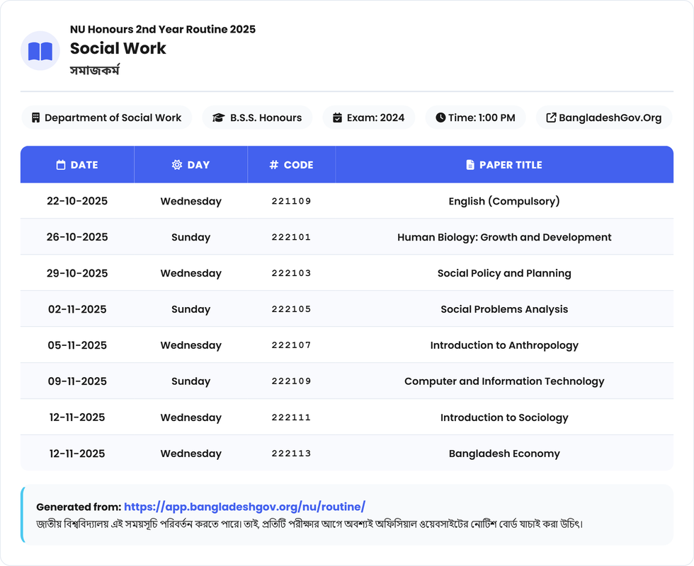 Social Work (সমাজকর্ম) Routine - Honours 2nd Year Exam 2025