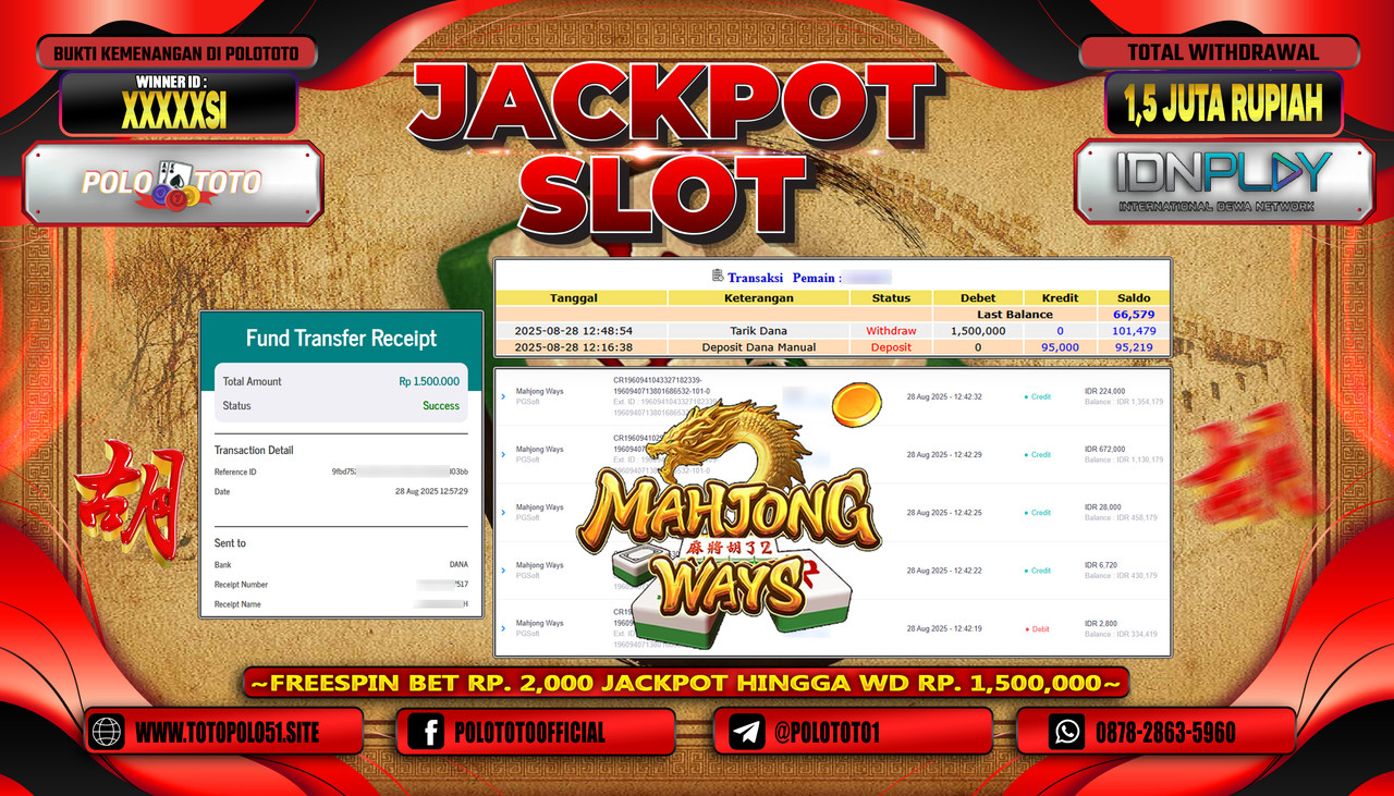 POLOTOTO JACKPOT SLOT MAHJONG WAYS Rp.1.500.000,- LUNAS