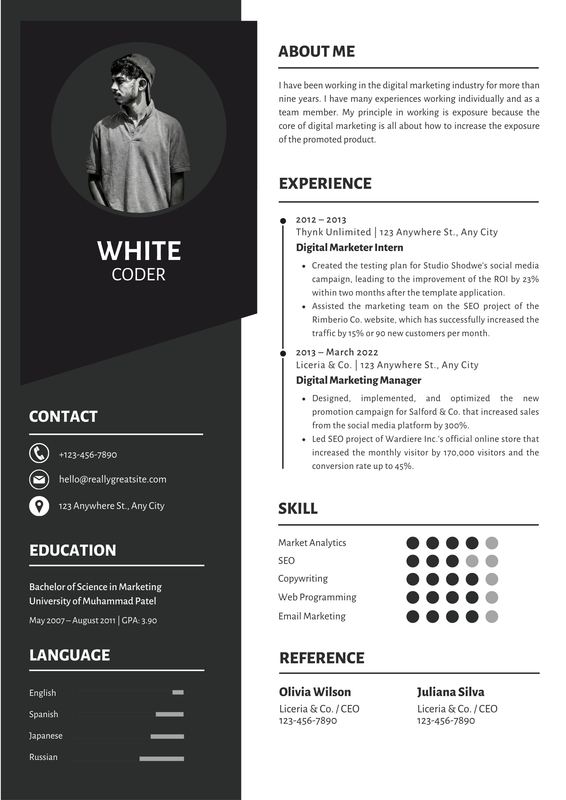 White and Dark Gray Modern Digital Marketer Resume CV Template