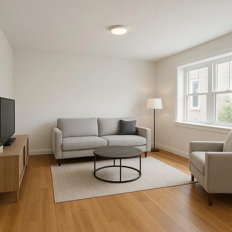 After photo of the same living room fully restored with fresh paint, clean walls, and no signs of water damage.
