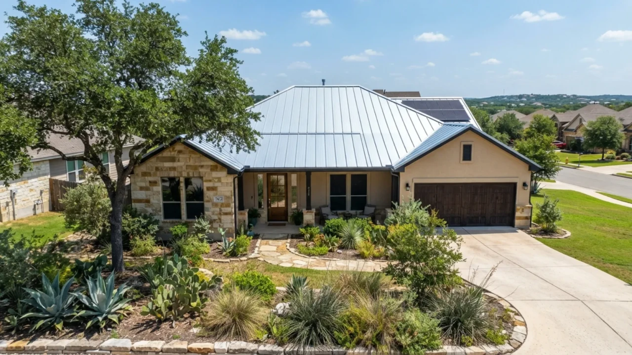 Energy-efficient metal roofing with reflective coating on San Antonio residential home