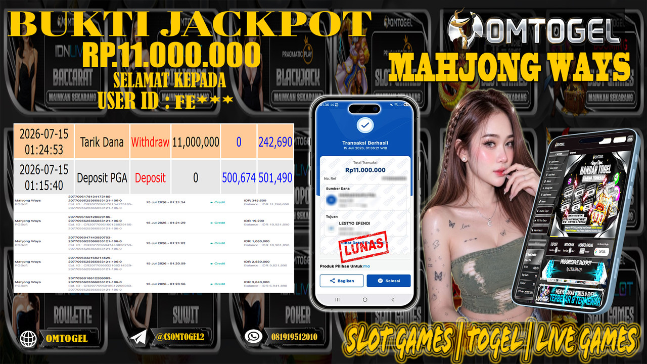 OMTOGEL JACKPOT PG SOFT MAHJONG WAYS Rp.11,000,000,- DIBAYAR LUNAS