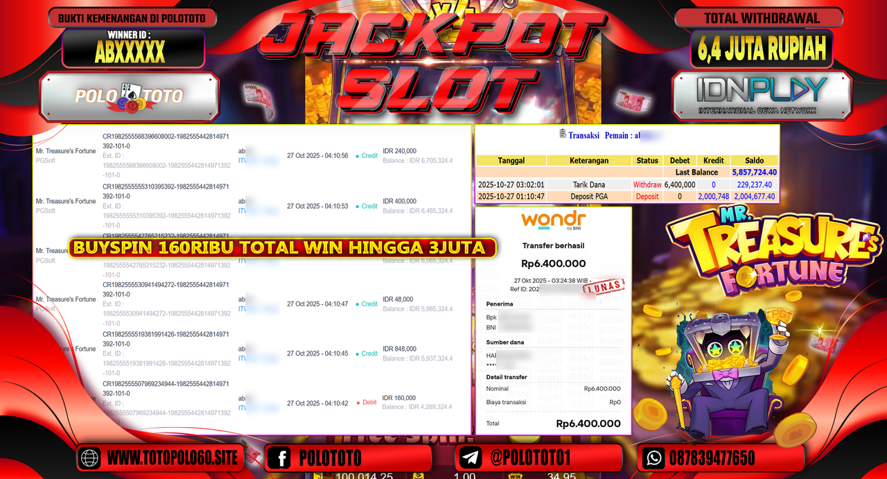 POLOTOTO JACKPOT SLOT MR TREASURES FORTUNE Rp.6.400.000,- LUNAS
