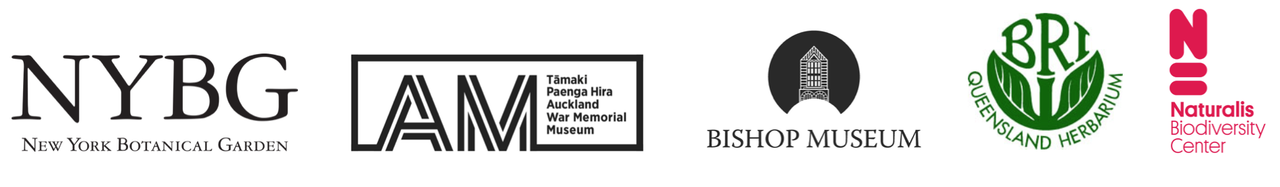 New York Botanical Garden, Bishop Museum, Naturalis Biodiversity Center, Queensland Herbarium, and Auckland War Memorial Museum logos