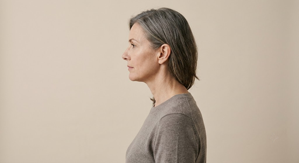 Side profile showing the forward-head posture and the visible curve at the base of the neck