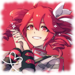 Fanart of Kasane Teto holding her hands together, close to her face, and smiling at the viewer. The art is edited to have a heart at the bottom left corner, and for the border of the image to appear a bit fuzzy.