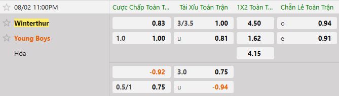 Soi kèo tài xỉu cả trận Winterthur vs Young Boys