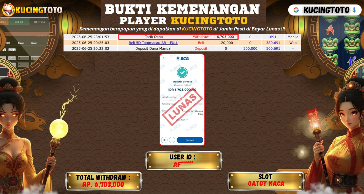 KUCINGTOTO JACKPOT SLOT GATOT KACA 1000 RP.6.703.000.,- LUNAS