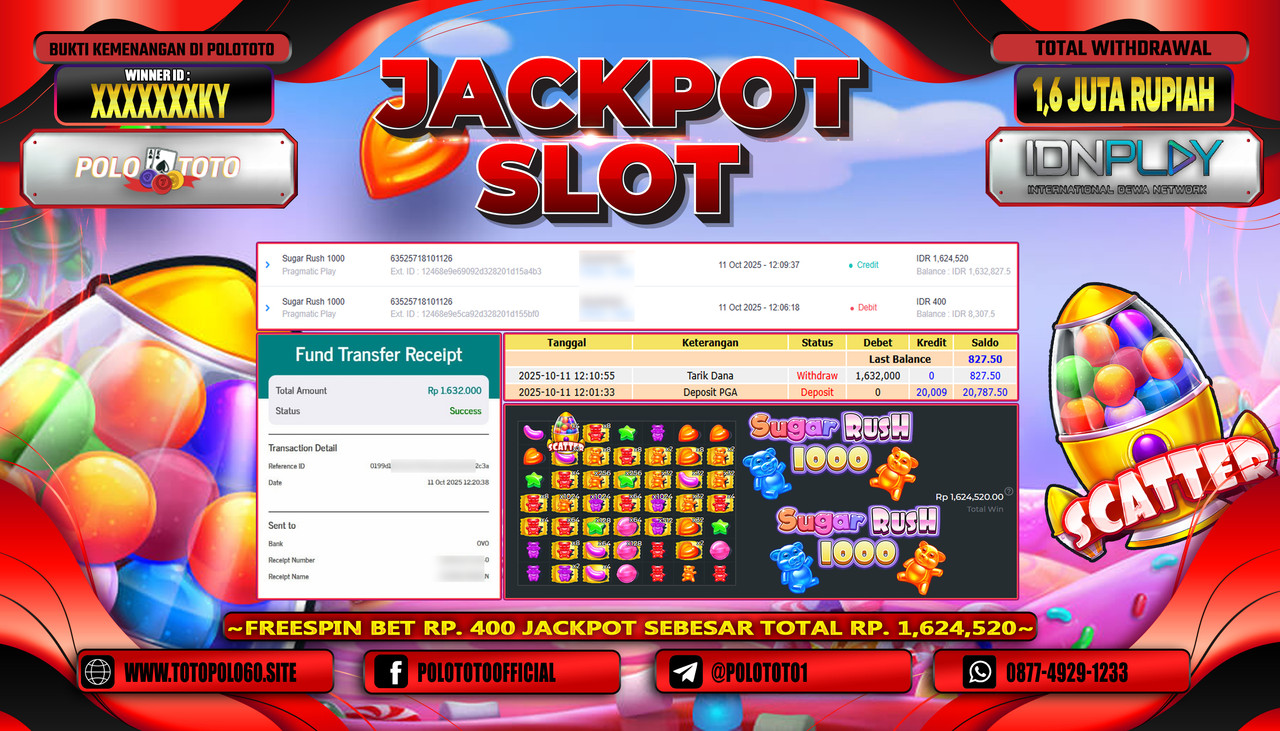 POLOTOTO JACKPOT SLOT SUGAR RUSH 1000 Rp.1.600.000,- LUNAS