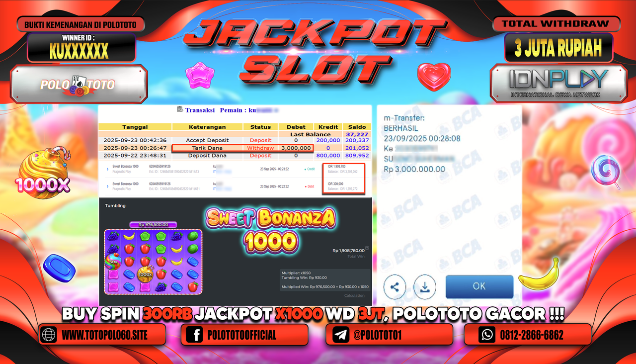 POLOTOTO JACKPOT SLOT SWEET BONANZA 1000 Rp.3.000.000,-