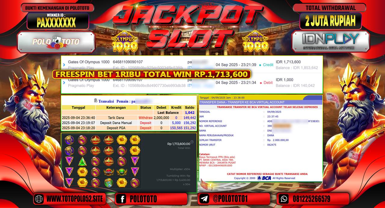 POLOTOTO JACKPOT SLOT GATES OF OLYMPUS 1000 Rp.2.000.000,-