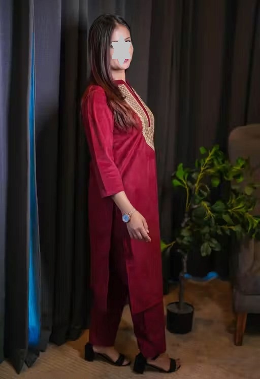 Women's Woolen Velvet Kurta and Pant Set | Winter Wear | Warm Velvet Ethnic Outfit | V-Neck Embroidery Lace Work Design | Maroon Colour Color 3 (KS129)