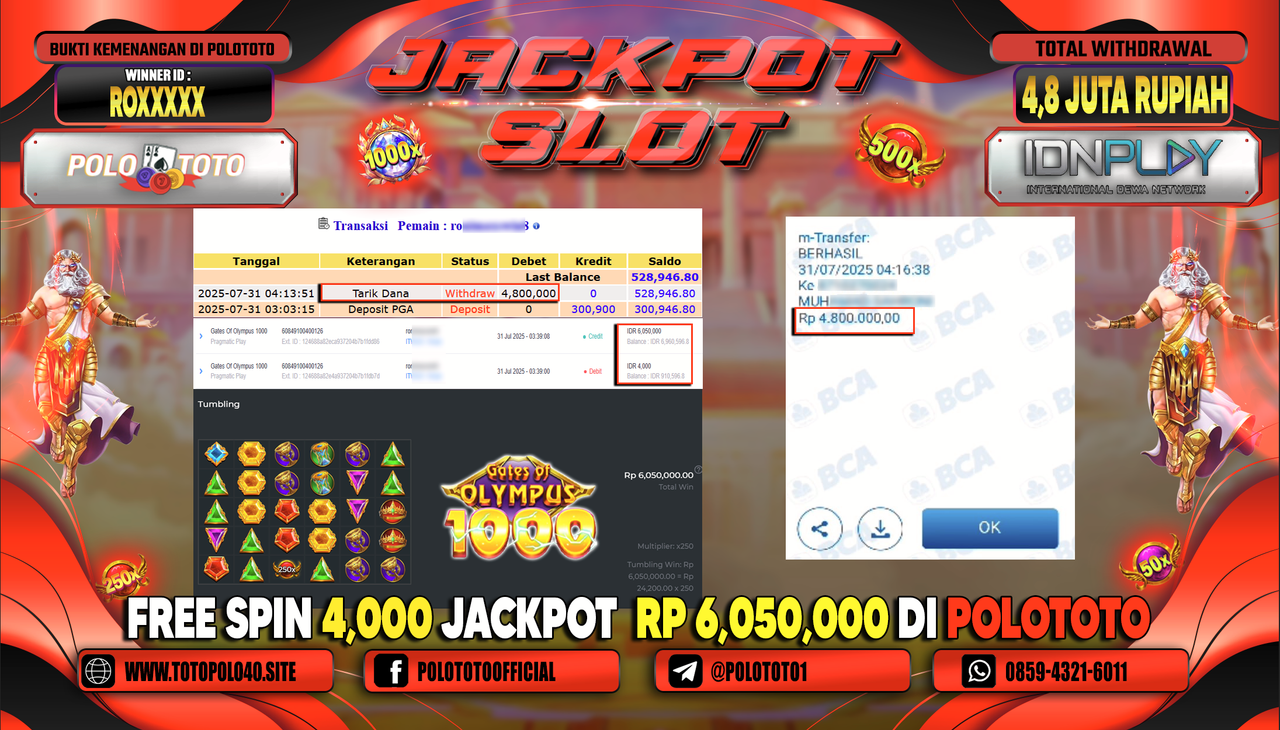 POLOTOTO JACKPOT SLOT GATES OF OLYMPUS 1000 Rp.4.800.000,-LUNAS