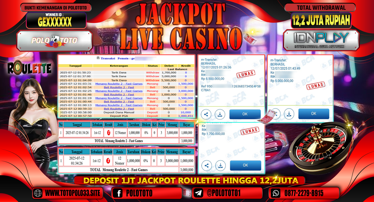 POLOTOTO JACKPOT LIVE CASINO ROULETTE 2 Rp.12.200.000,-