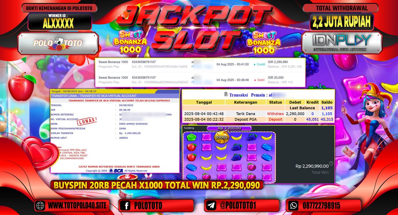 POLOTOTO JACKPOT SLOT SWEET BONANZA 1000 Rp.2.200.000,-LUNAS
